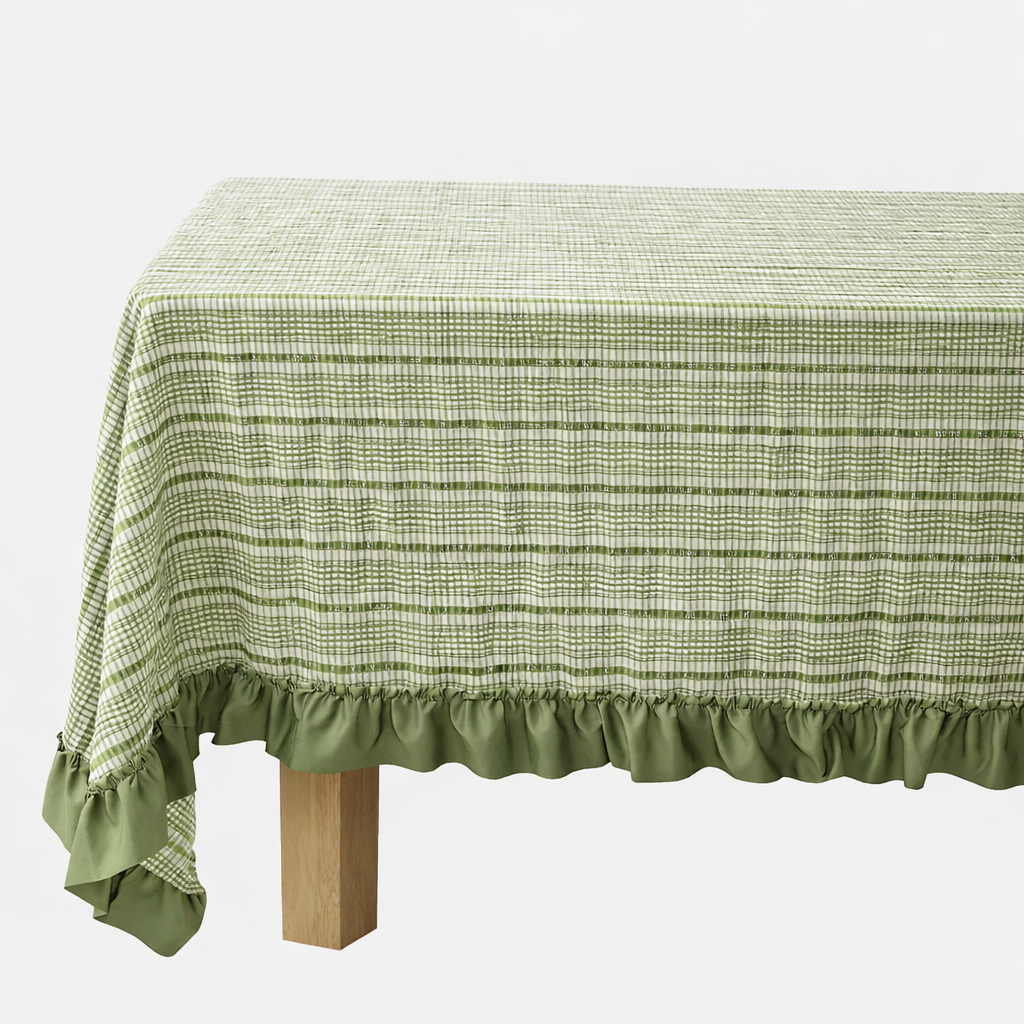 Green Checkered Tablecloth with Ruffled Hem