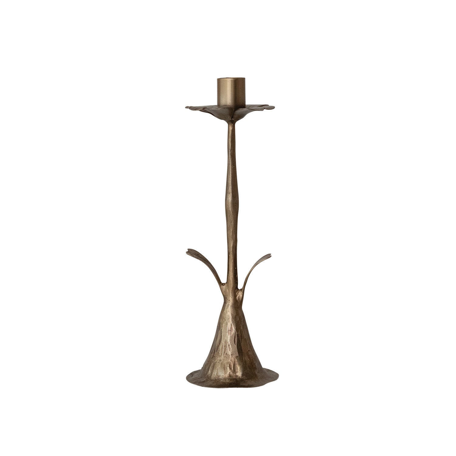 Medium Antique Brass Hand-Forged Metal Stem Shaped Taper Holder