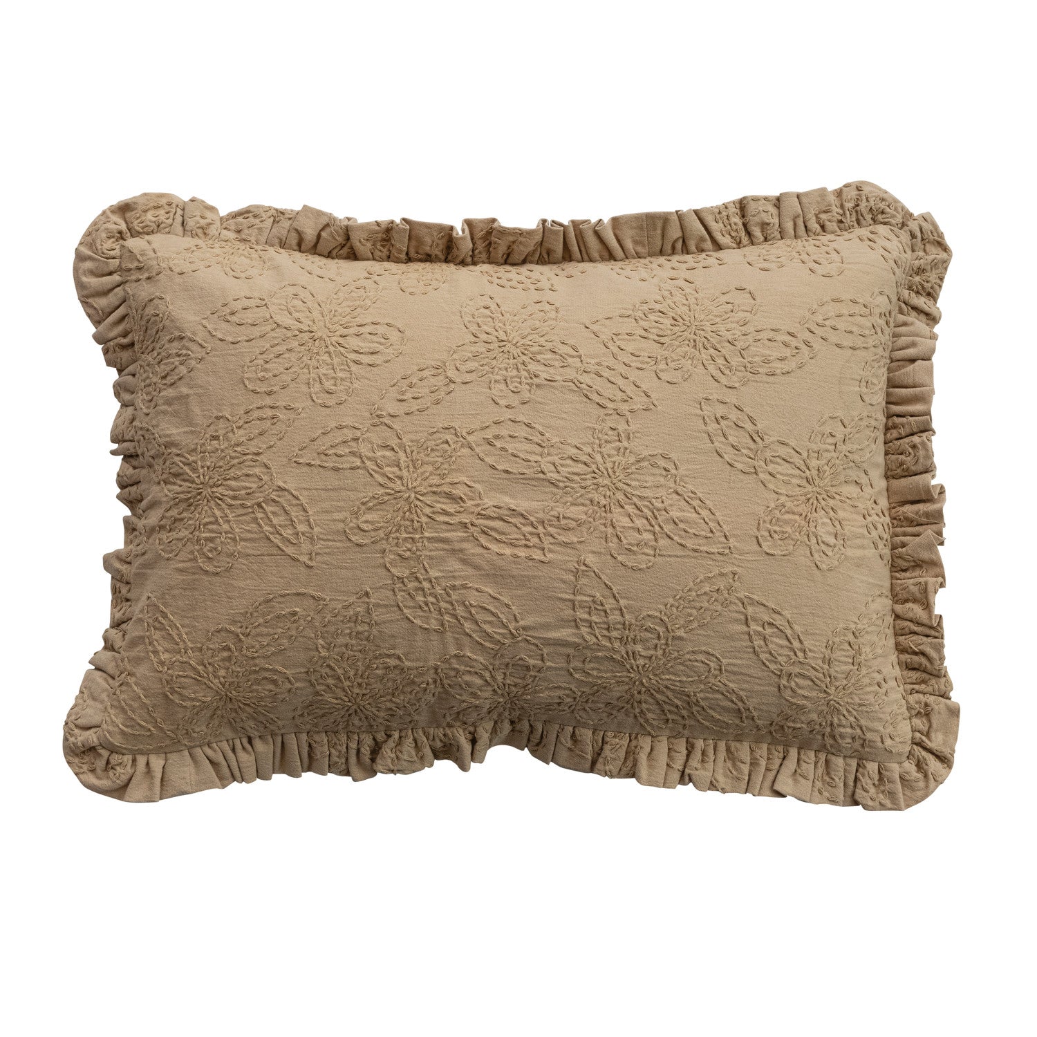 Beige Floral Stitched Ruffle Pillow