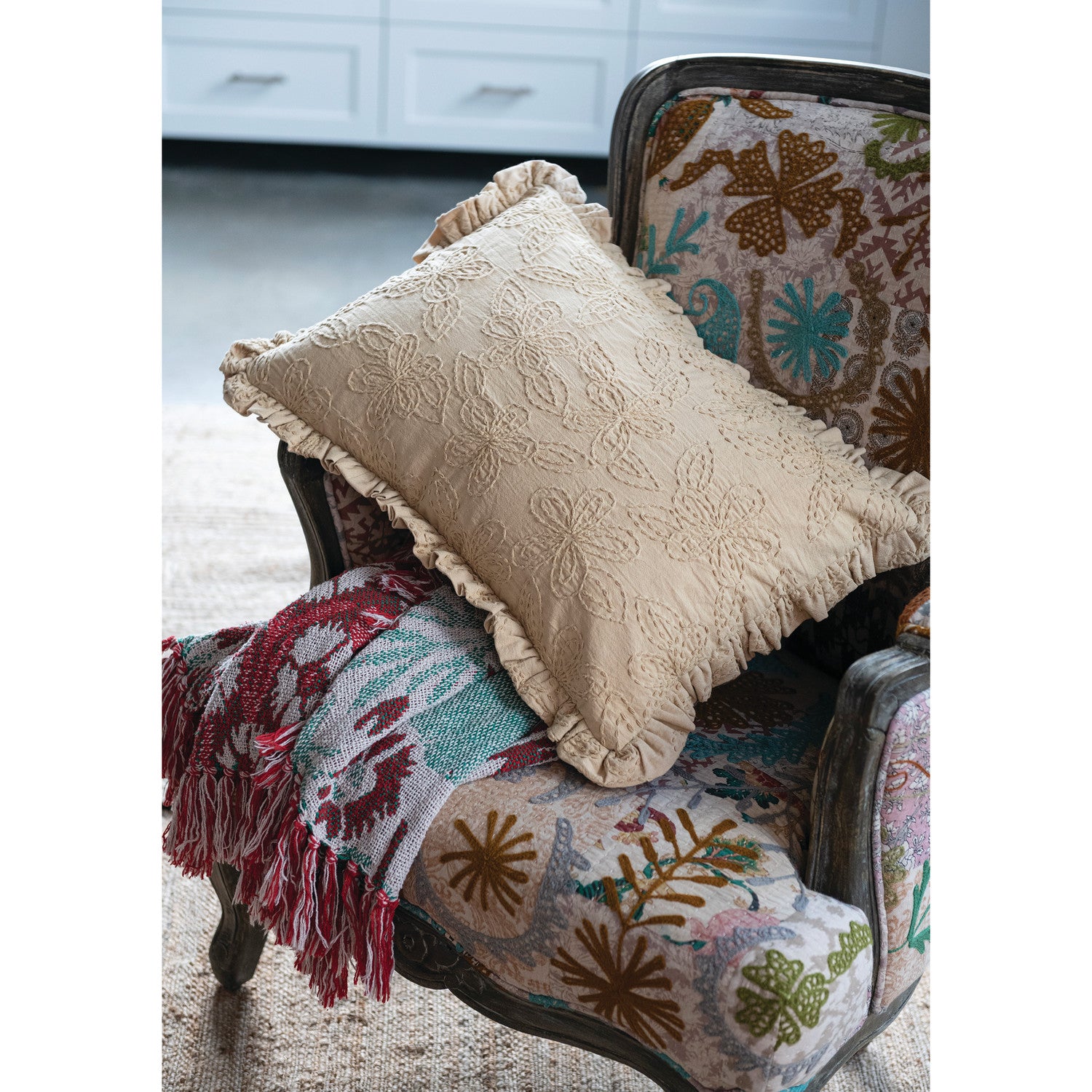 Beige Floral Stitched Ruffle Pillow