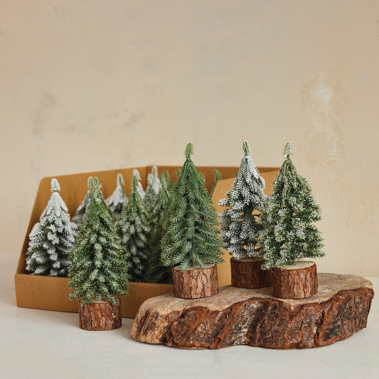 Medium Faux Evergreen Trees with Natural Wood