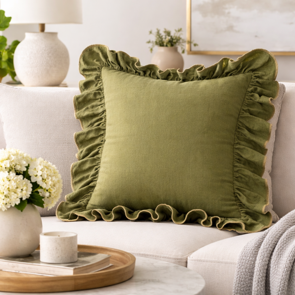 Green Ruffle Trim Cotton 18" Throw Pillow