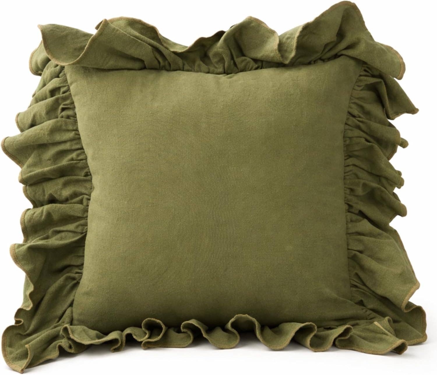 Green Ruffle Trim Cotton 18" Throw Pillow