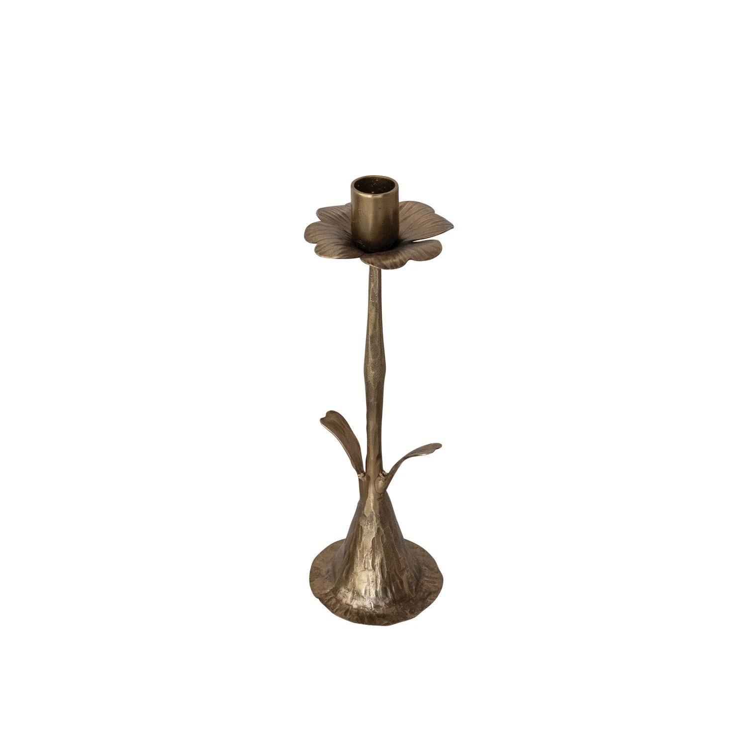 Large Antique Brass Hand-Forged Metal Stem Shaped Taper Holder