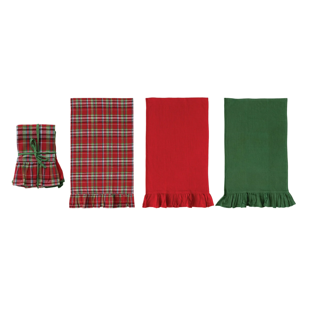 Woven Cotton Waffle Weave Tea Towels with Ruffle - Set of 3
