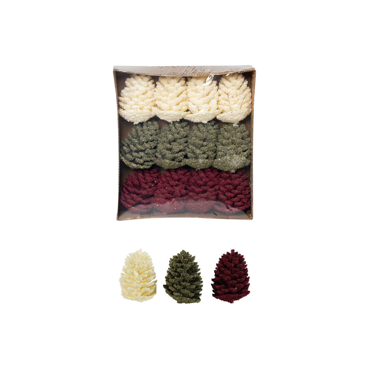 Faux Pinecones with Glitter Boxed Set of 9: Green, Cream, Burgundy